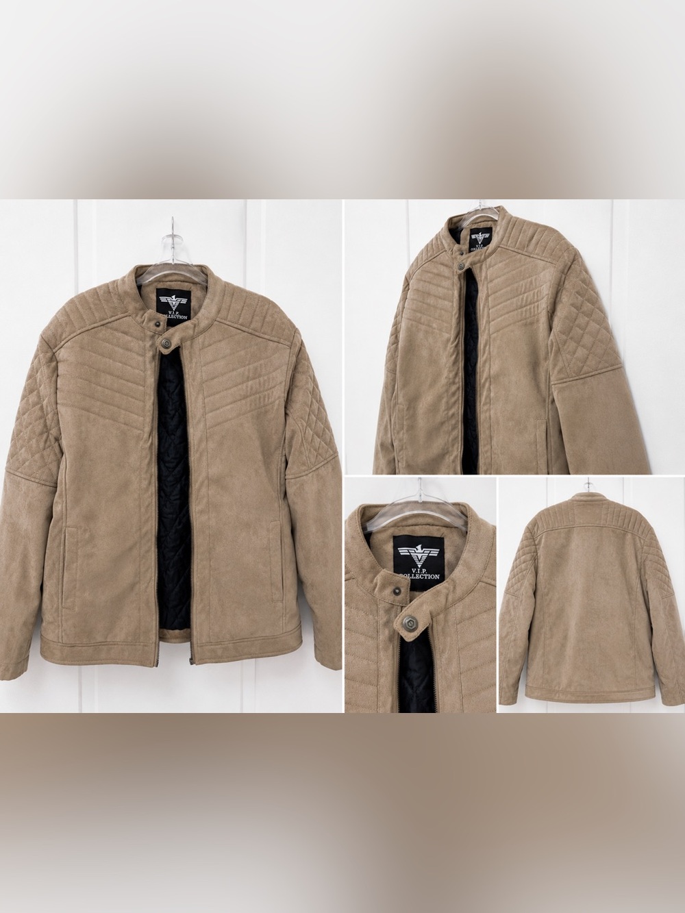 Quilted Taupe Bomber Jacket with Stand Collar